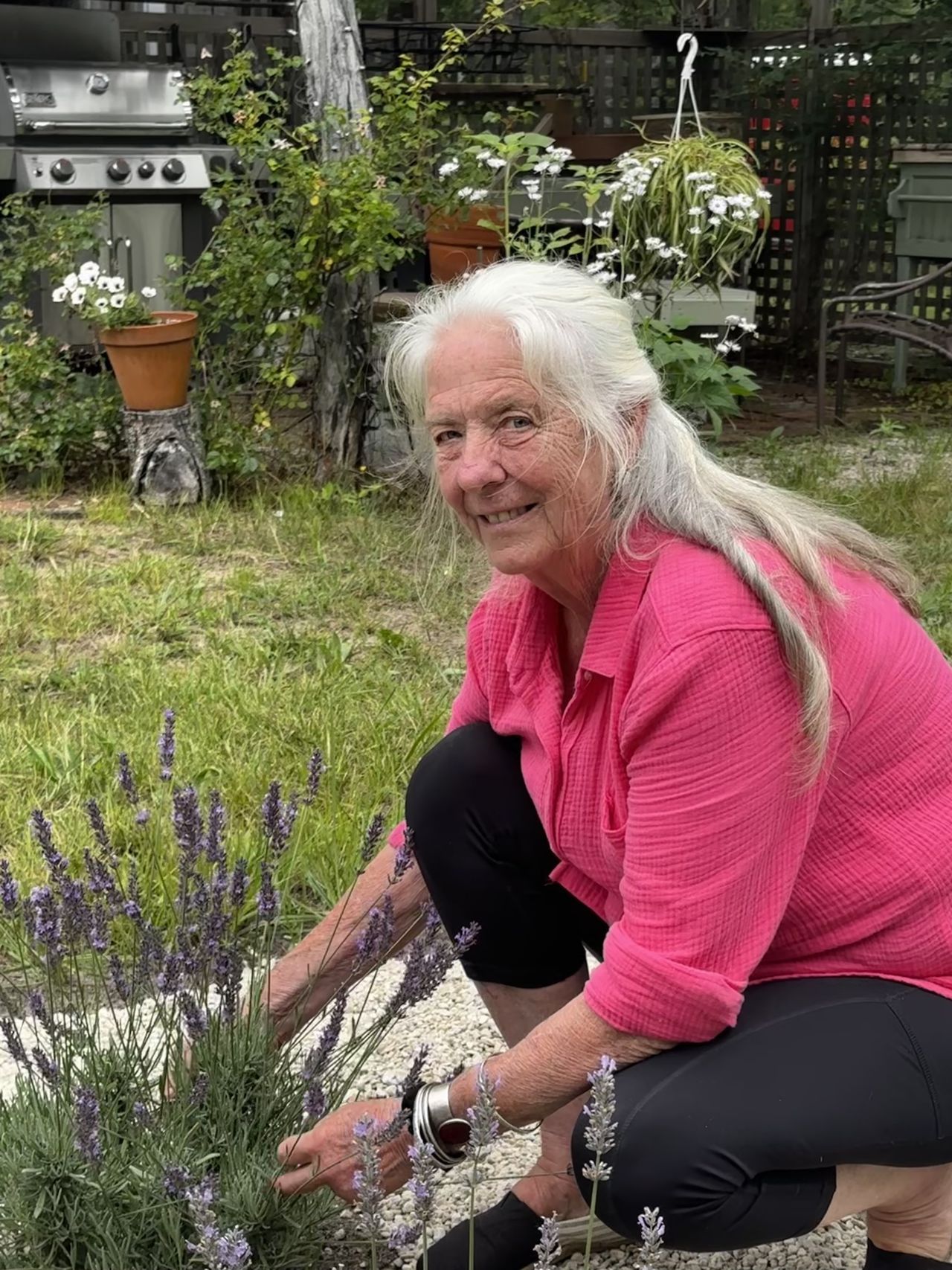 Cynthia Sutphin maintaining her lavender plants (Liesel Nygard)