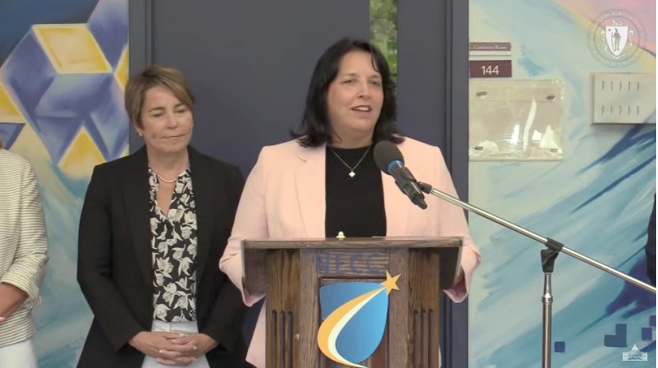 Massachusetts Lt. Gov. Kim Driscoll speaks during a news conference on the campus of Northern Essex Community College in Lawrence, Mass., on Tuesday, Aug. 22, 2023 (Screen Capture).