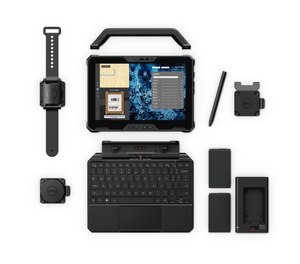 The Latitude 7030 Rugged Extreme Tablet features a range of accessories like a rigid handle, passive stylus, detachable keyboard and rotating hand strap.