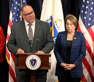 Mass State Police interim Colonel, John Mawn Jr. along with Lt. Gov. Kim Driscoll, Gov. Maura Healey and Attorney General Andrea Campbell hold a press conference at the State House to announce new statewide initiatives to combat and prevent hate crimes.