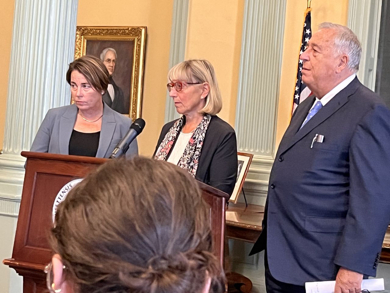 Gov. Maura Healey (L), state Senate President Karen Spilka, D-Middlesex/Norfolk, and state House Speaker Ron Mariano, D-3rd Norfolk, speak to reporters during a news conference on Monday, Oct. 23, 2023 (MassLive photo by John L. Micek).