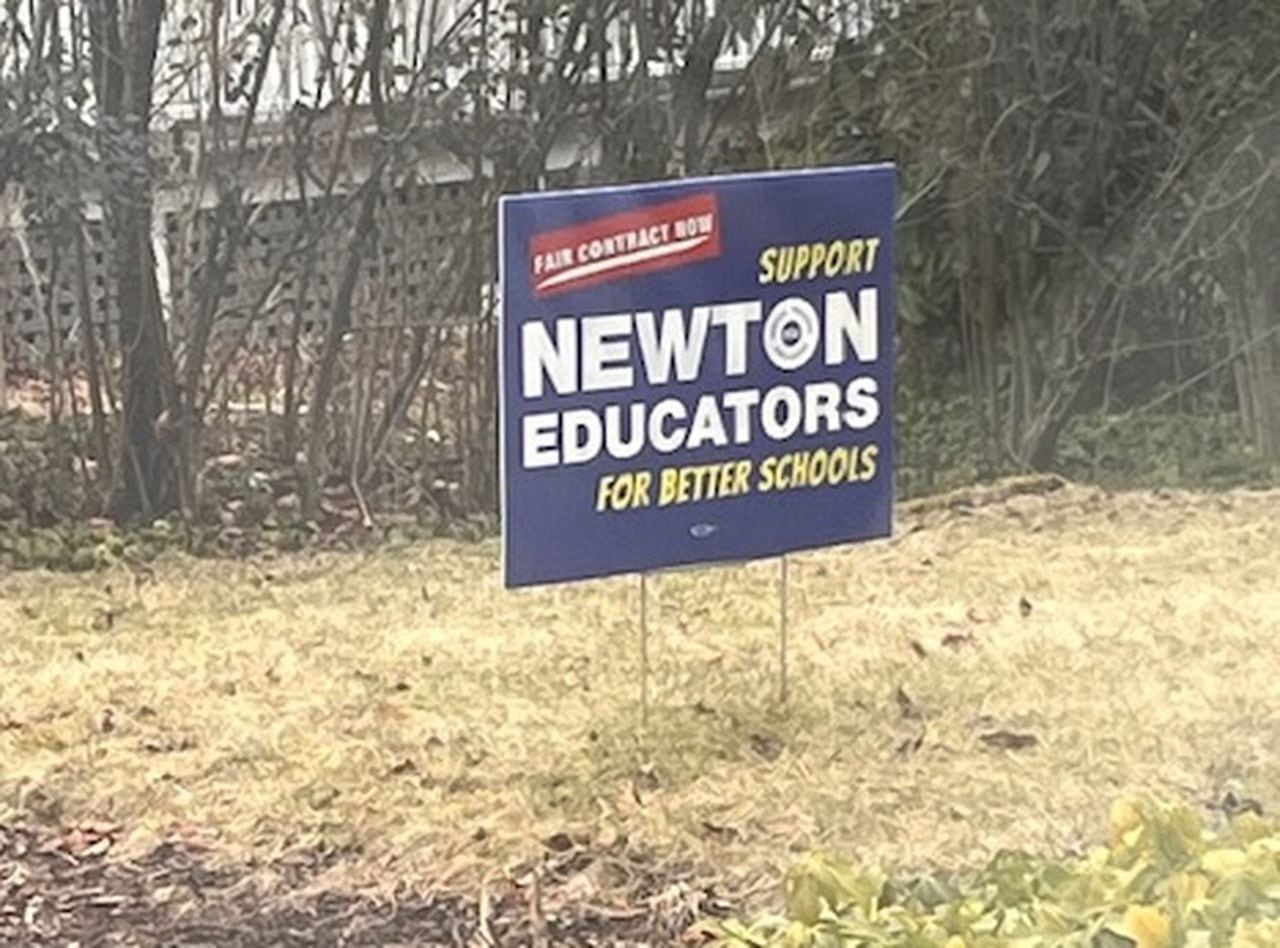 A yard sign in support of striking teachers in Newton, Mass. on Thursday, Feb. 1, 2024. The historic work stoppage, illegal under state law, was in its 10th day (MassLive photo by John L. Micek).