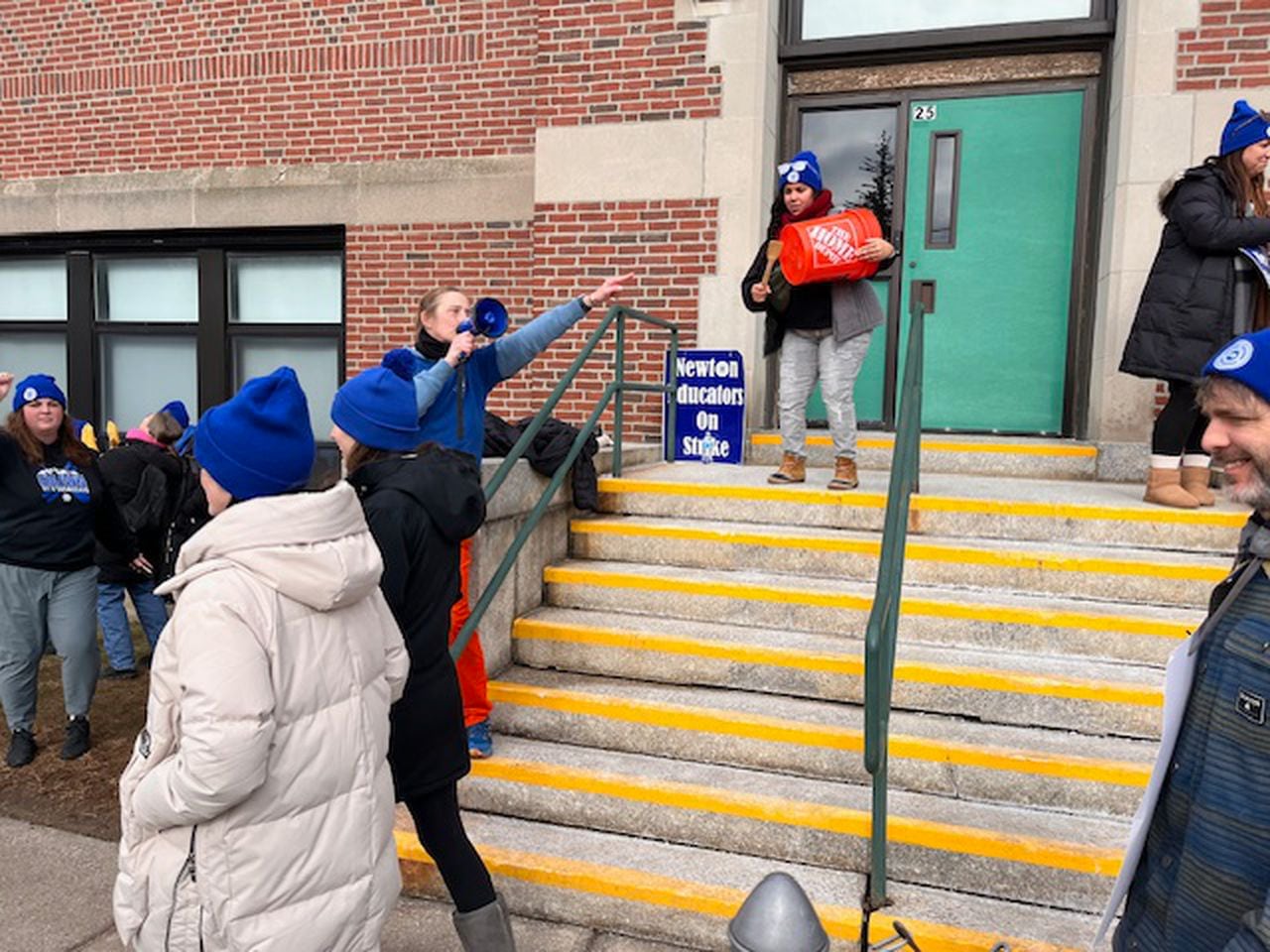 Striking teachers in Newton, Mass., picket outside the district's administration offices on Thursday, Feb. 1, 2024. The historic work stoppage, illegal under state law, was in its 10th day (MassLive photo by John L. Micek).