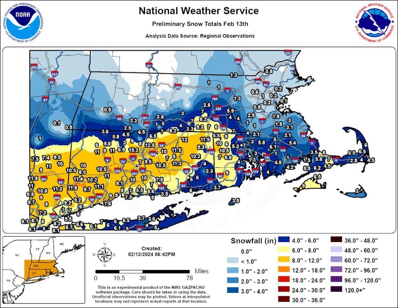 Snowfall totals for Tuesday, Feb. 13