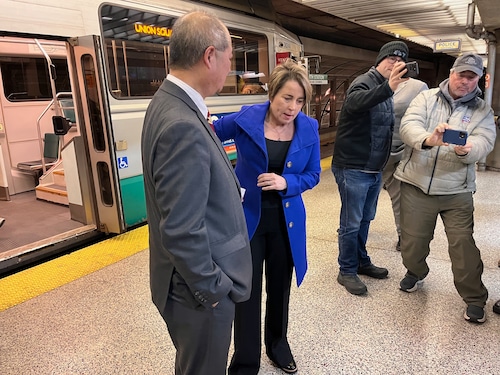 Massachusetts Gov. Maura Healey, at Boston's North Station, talks with MBTA General Manager Phillip Eng on Monday, Feb. 12, 2024. Healey visited the station to pitch the transportation funding provisions of her fiscal 2024-25 budget proposal (MassLive photo by John L. Micek).