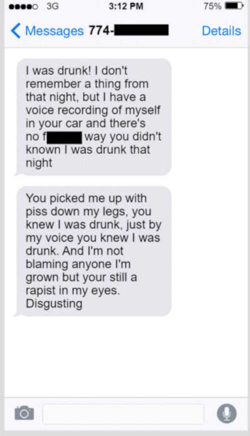 An illustration of texts sent by one of Alvin Campbell's accusers to his cell phone, as detailed in a search warrant affidavit. Campbell denied he raped her in text responses, the affidavit states. (Redactions by WBUR; illustration created with ifake text message)