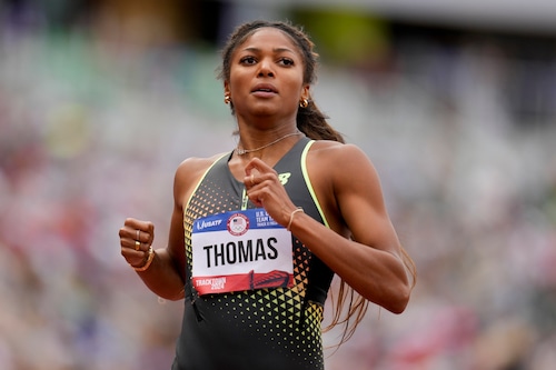 Gabby Thomas wins a heat in the women's 200-meter run during the U.S. Olympic track and field trials on Thursday, June 27, 2024, in Eugene. (AP Photo/Charlie Neibergall)