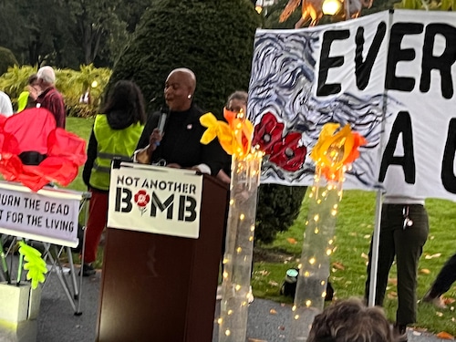 U.S. Rep. Ayanna Pressley, D-7th District, addresses a ceremony in Boston's Public Garden marking the first anniversary of the Hamas-led attacks on Israel and to call for a ceasefire (John L. Micek/MassLive).