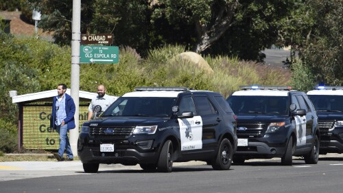 San Diego County Sheriff's vehicles line up outside of the Chabad of Poway Synagogue Saturday, April 27, 2019, in Poway, Calif. (AP Photo/Denis Poroy)