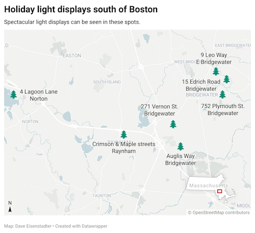 Map of holiday light displays south of Boston