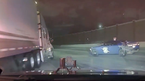 Video: Tractor-trailer sends Mich. cruisers skittering across icy highway after plowing through crash scene