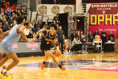 Katrelle Harmon dribbles for Wasatch Academy boys basketball.