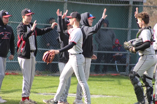 Sophomore pitcher Max Boehm (left) with junior catcher Cam Lynch (right).