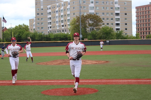 Matt Reardon completes an inning on the mound for BC High Baseball.