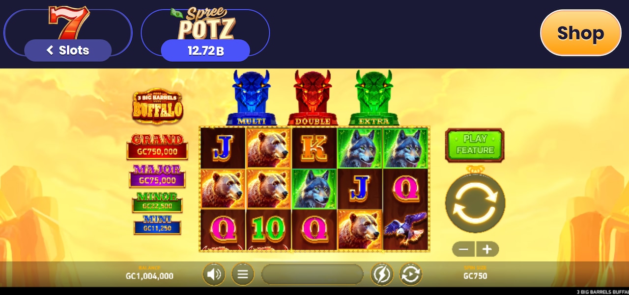 Screenshot of 3 Big Barrels Buffalo slot at Spree Casino