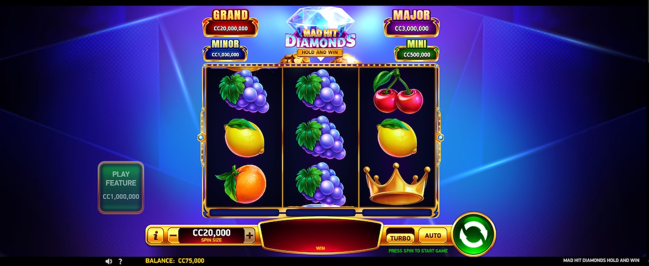 Screenshot of Mad Hit Diamonds slot at Real Prize Casino