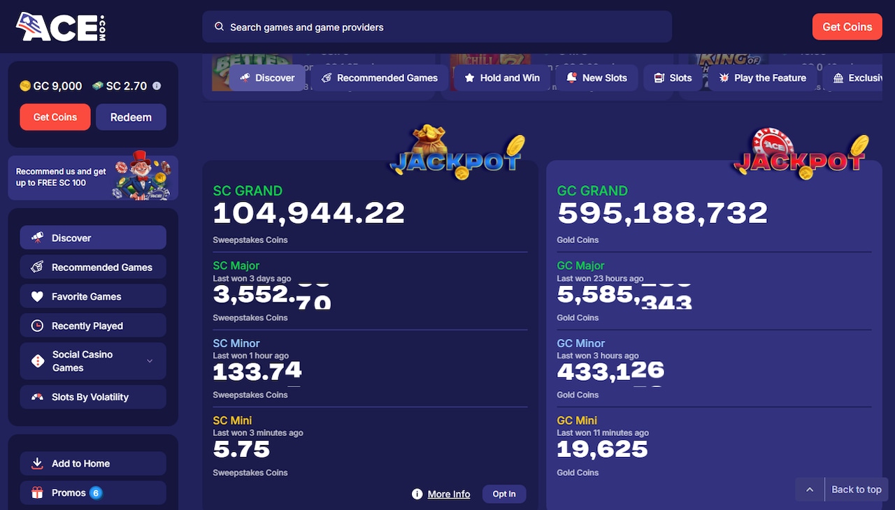 ACE.com sweepstakes casino GC and SC jackpots