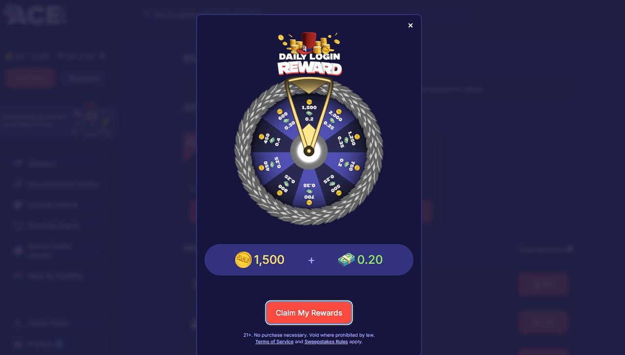 Daily reward bonus at ACE.com sweeps casino.