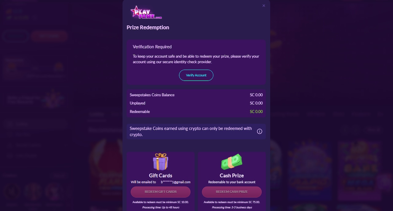 PlayFame Casino Redeem SC page.