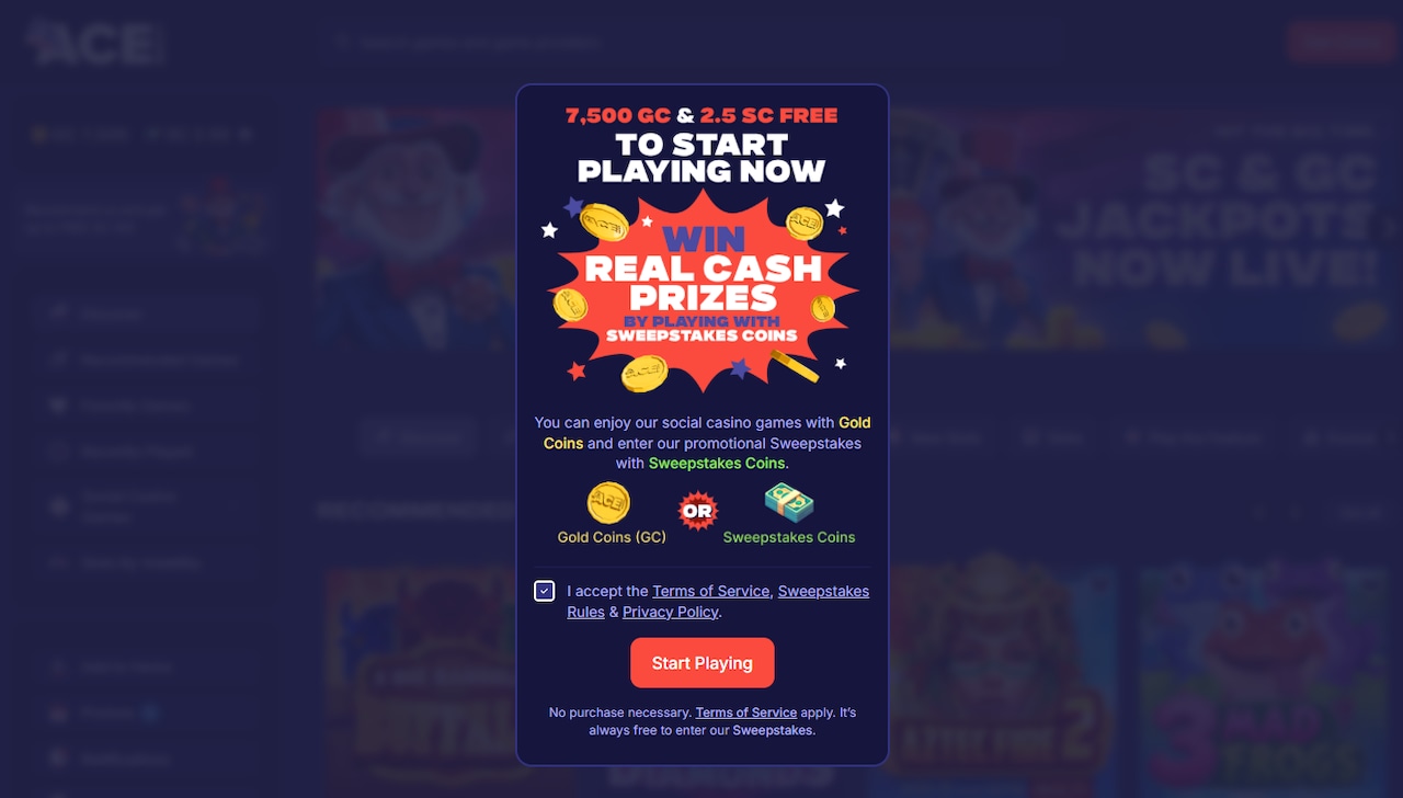 ACE.com no deposit bonus sweepstakes casino