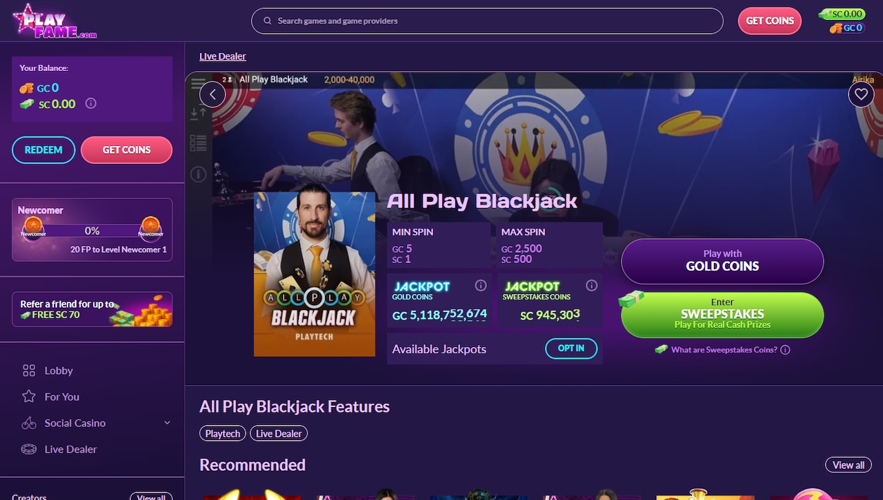 All Play Blackjack from Playtech at PlayFame Casino.