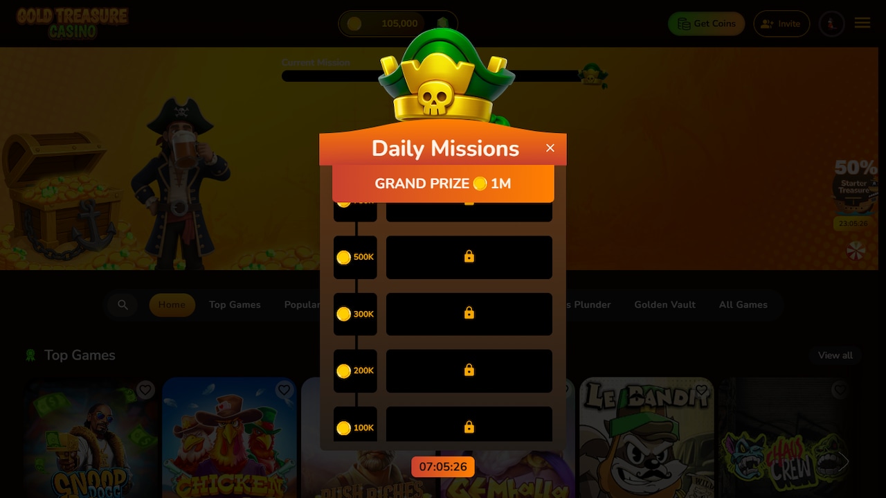 Daily Missions at Gold Treasure Casino.