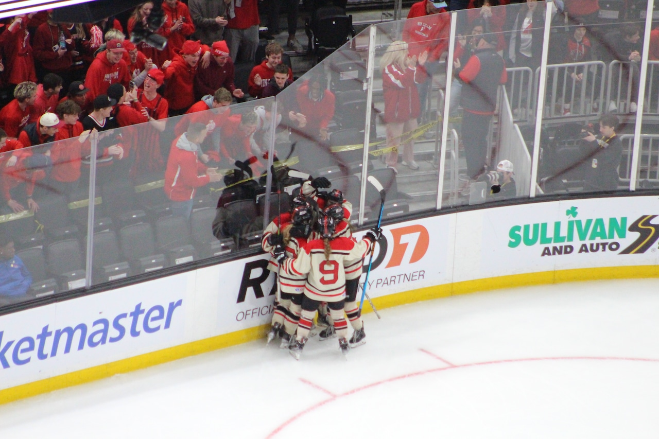 Hingham girls hockey players celebrate Addy Garrity's goal in the MIAA Division I state final.