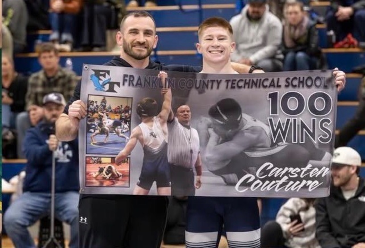 Franklin Tech wrestler Carsten Couture celebrated his 100th career win against Southwick on 01/17/26.