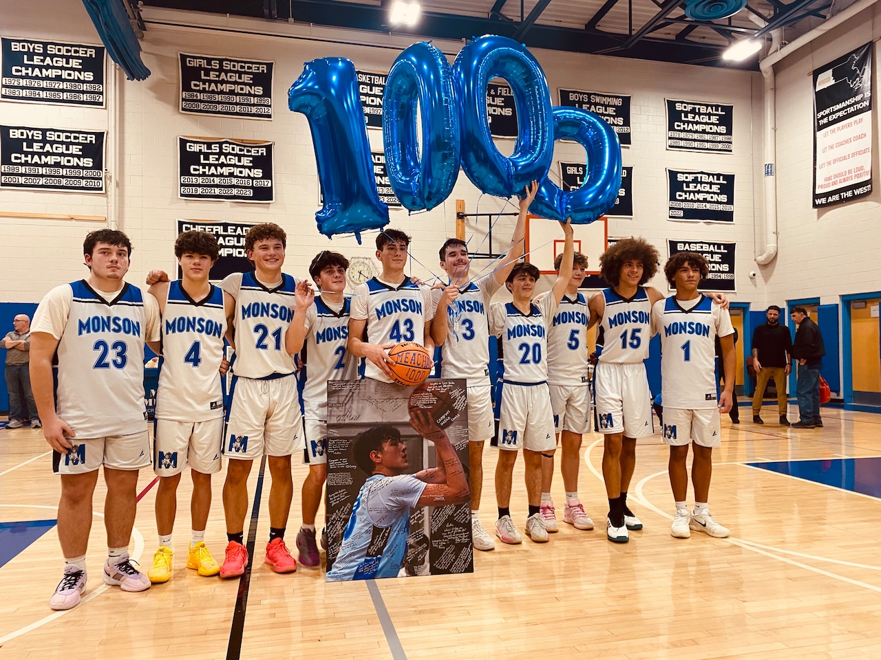 Austin Meacham (No. 43) recorded his 1,000th career point for Monson boys basketball on 01/14/26.
