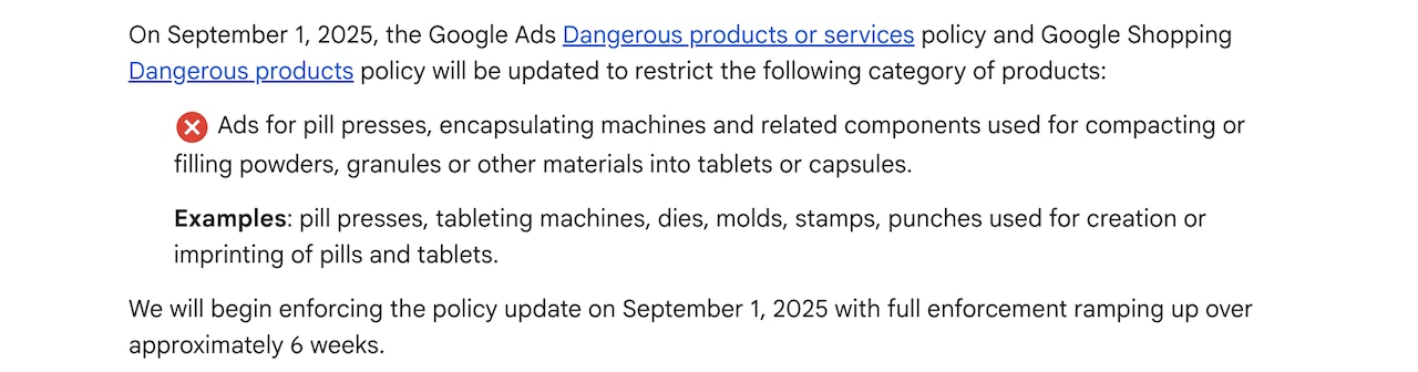 Google pill press policy