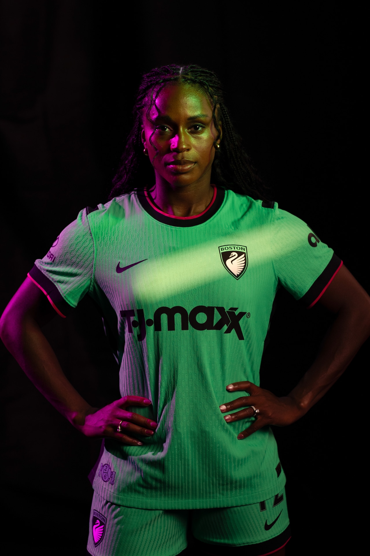 Nichelle Prince poses in Boston Legacy FC's new home kit.